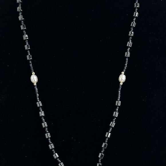 Hematite Bead Rosary 13.5" Gray & Gold-tone Seed Beads With Cultured Pearls - Picture 3 of 8